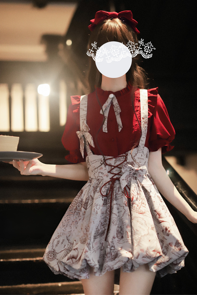 [pre-order] Wine Red Puff Sleeve Shirt + Balloon Jumper Skirt