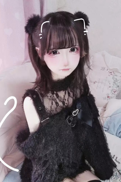 [pre-order] Jirai Lace Ribbon Long Black Sweater + Short Skirt