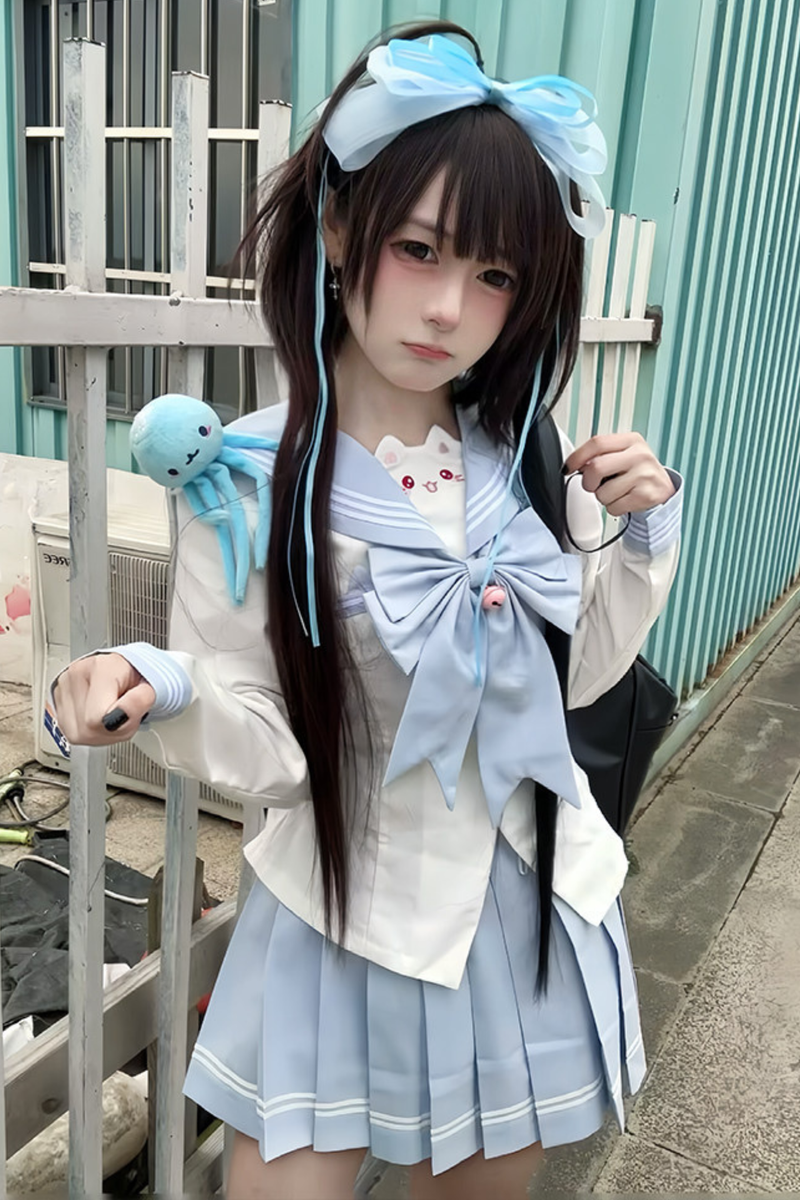 Anime Girl Sailor Top + Skirt + Ribbon