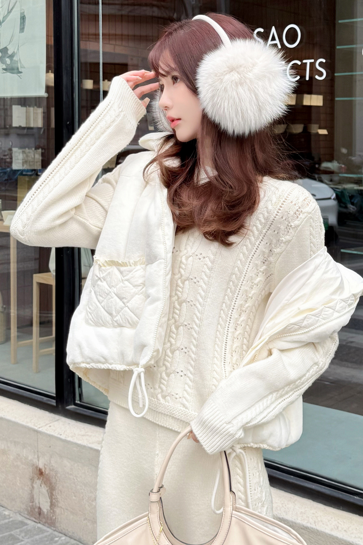 Wool Twist Knit + Knit Flare Wide Pants + Knit Muffler