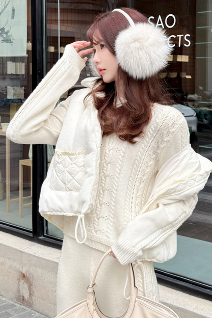Wool Twist Knit + Knit Flare Wide Pants + Knit Muffler