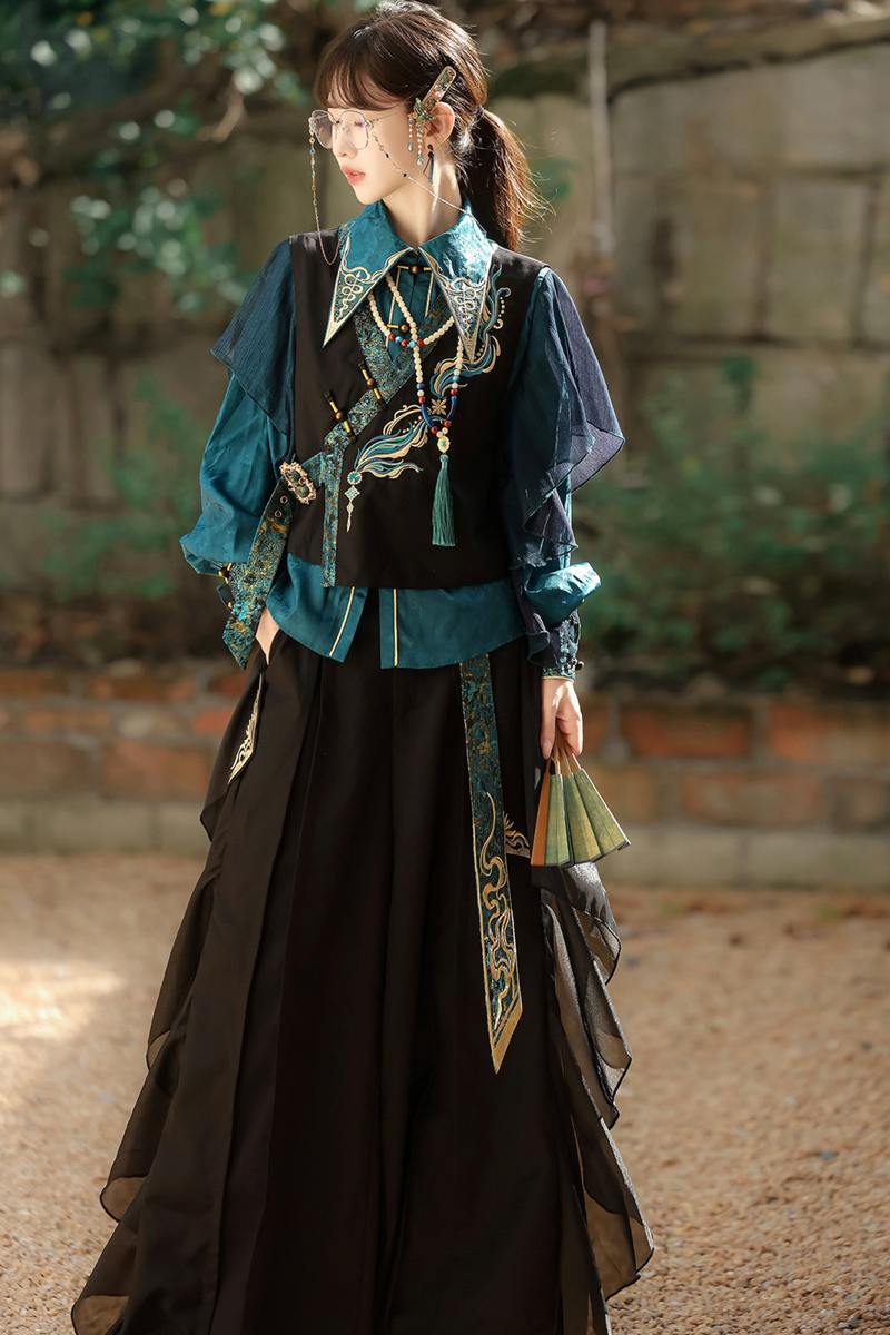Ruan Chinese-style Top + Vest + Wide Leg Pants + Necklace