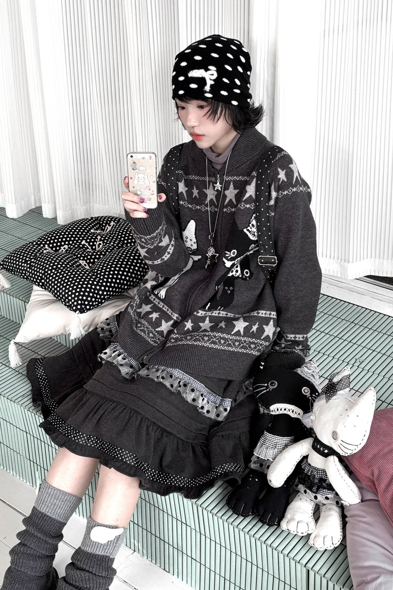Y2k Jacquard Cardigan + Flared Skirt