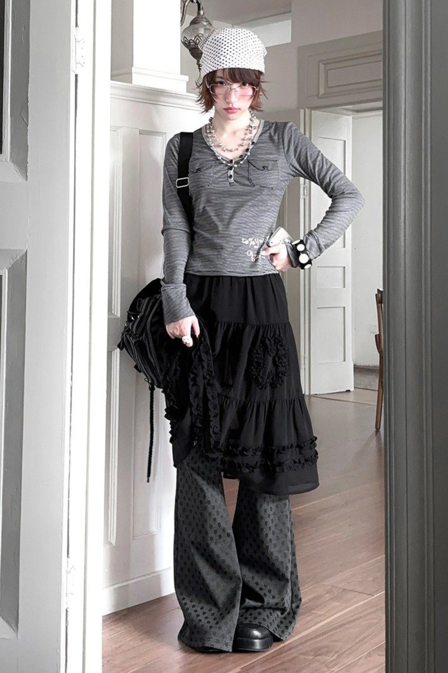 Y2k Striped V-neck Top + Skirt + Pants