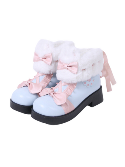 Snow Lolita Mid-heel Color Block Ribbon Sweet Velvet Short Boots