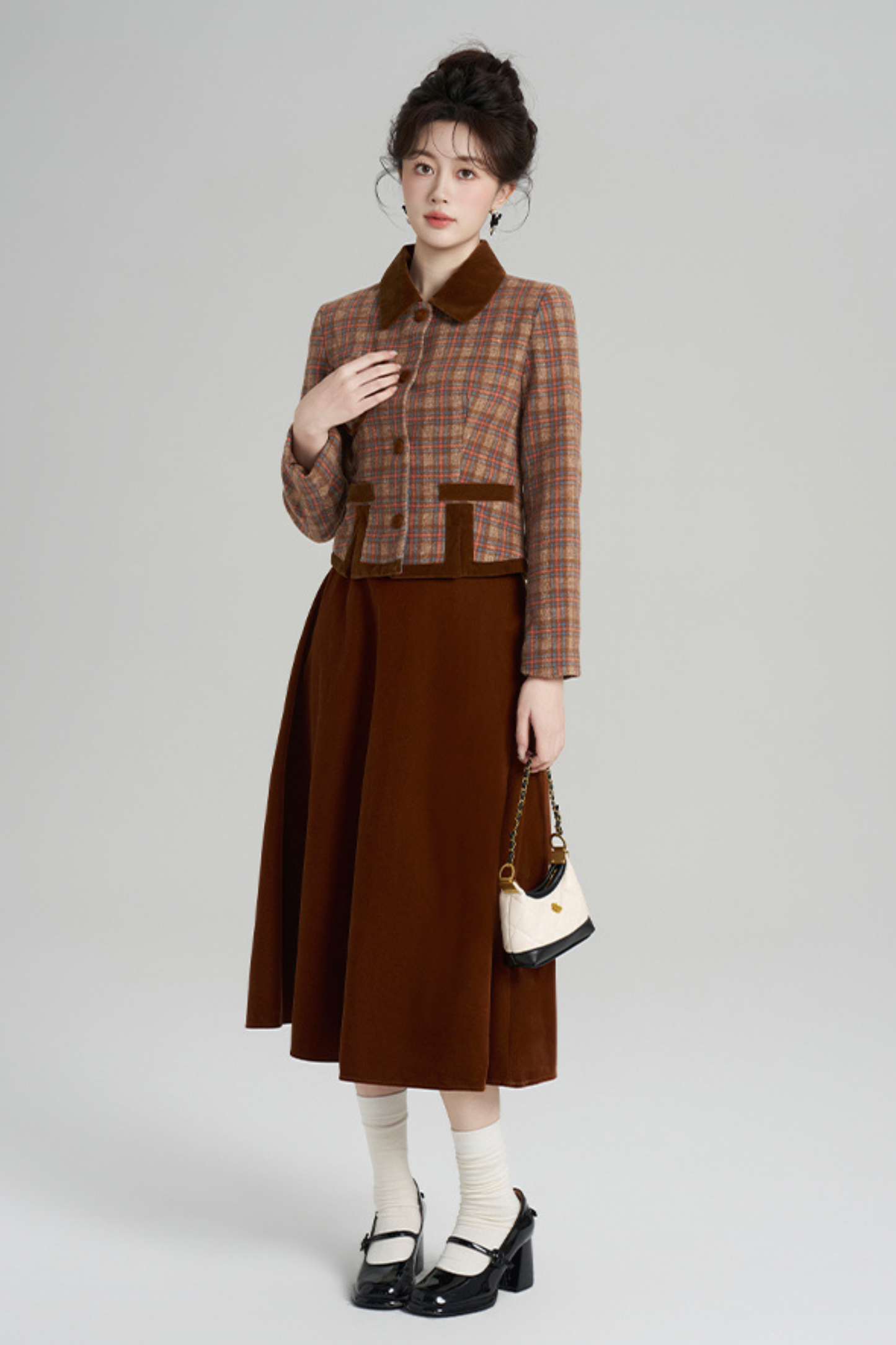 Plaid Jacket + Retro Plaid Velvet Skirt