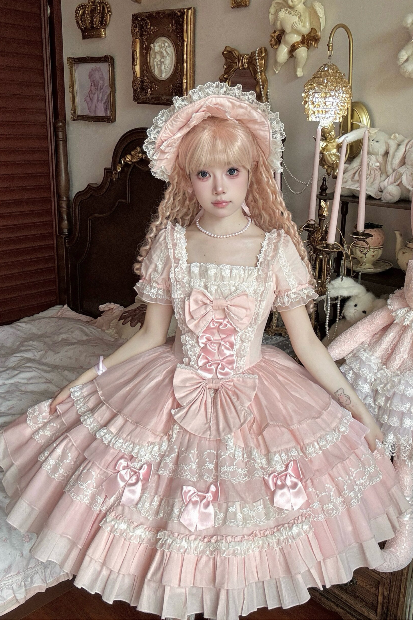 Sweetheart Ruffle Ribbon Lolita Dress + Bnt + Necklace + Princess Sleeve