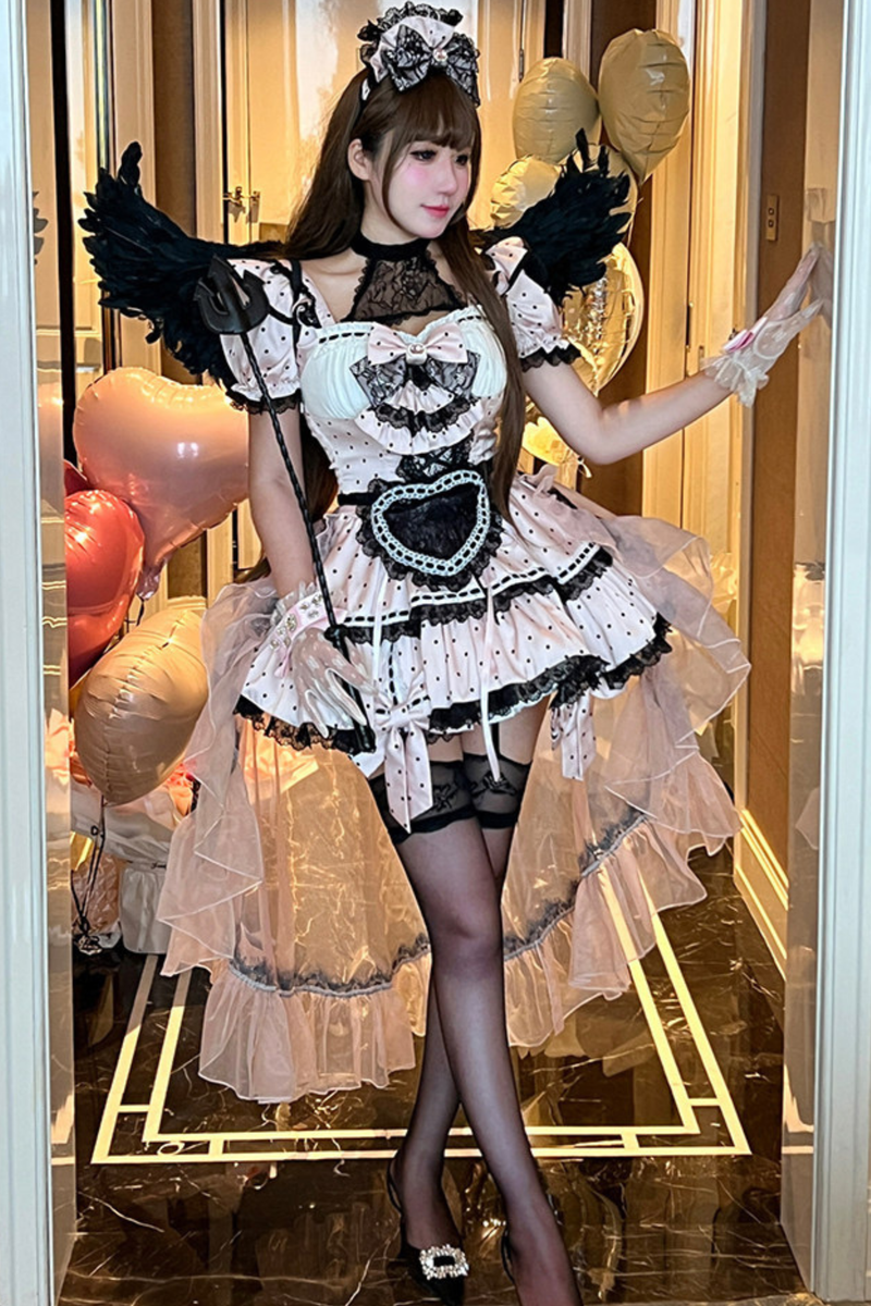 Sweet Little Dot Maid Lolita Dress + Apron + Head Accessory + Veil