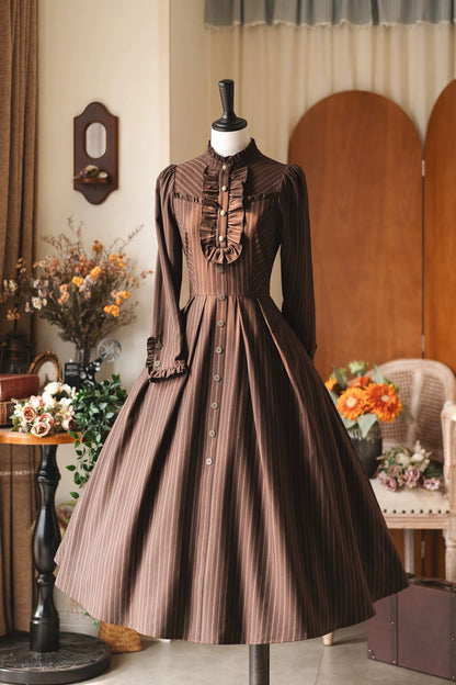 [forest Castle] Stand Collar Long Sleeves Striped Printed Ruffled Classic Lolita Dress 3 Colors