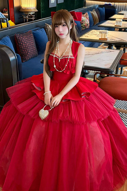 Red [romantic Rose] Square Collar Sleeveless Ruffled Classic Ballet Lolita Dress