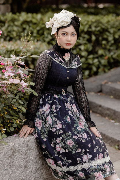 Black French Rose Print V Collar Sleeveless Ruffled Classic Lolita Jsk Dress