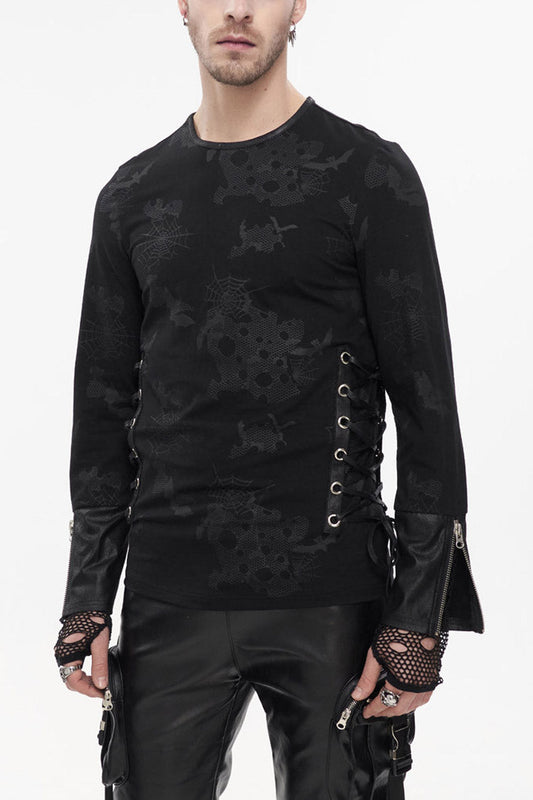 Black Punk Long Sleeve Knit Broken Holes Spider Web Print Crew Neck Shirt