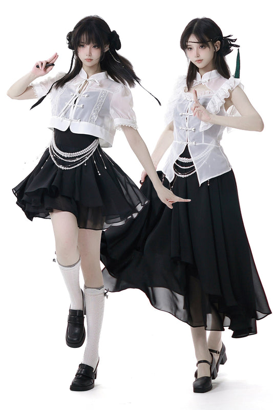 Light Smock Suspender Dress + Short Dress + China Design Sleeveless Top + Short Shirt + Pearl Accessories