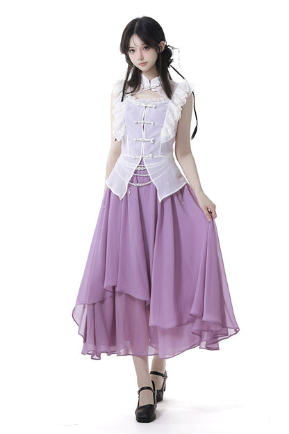 Light Smock Suspender Dress + Short Dress + China Design Sleeveless Top + Short Shirt + Pearl Accessories