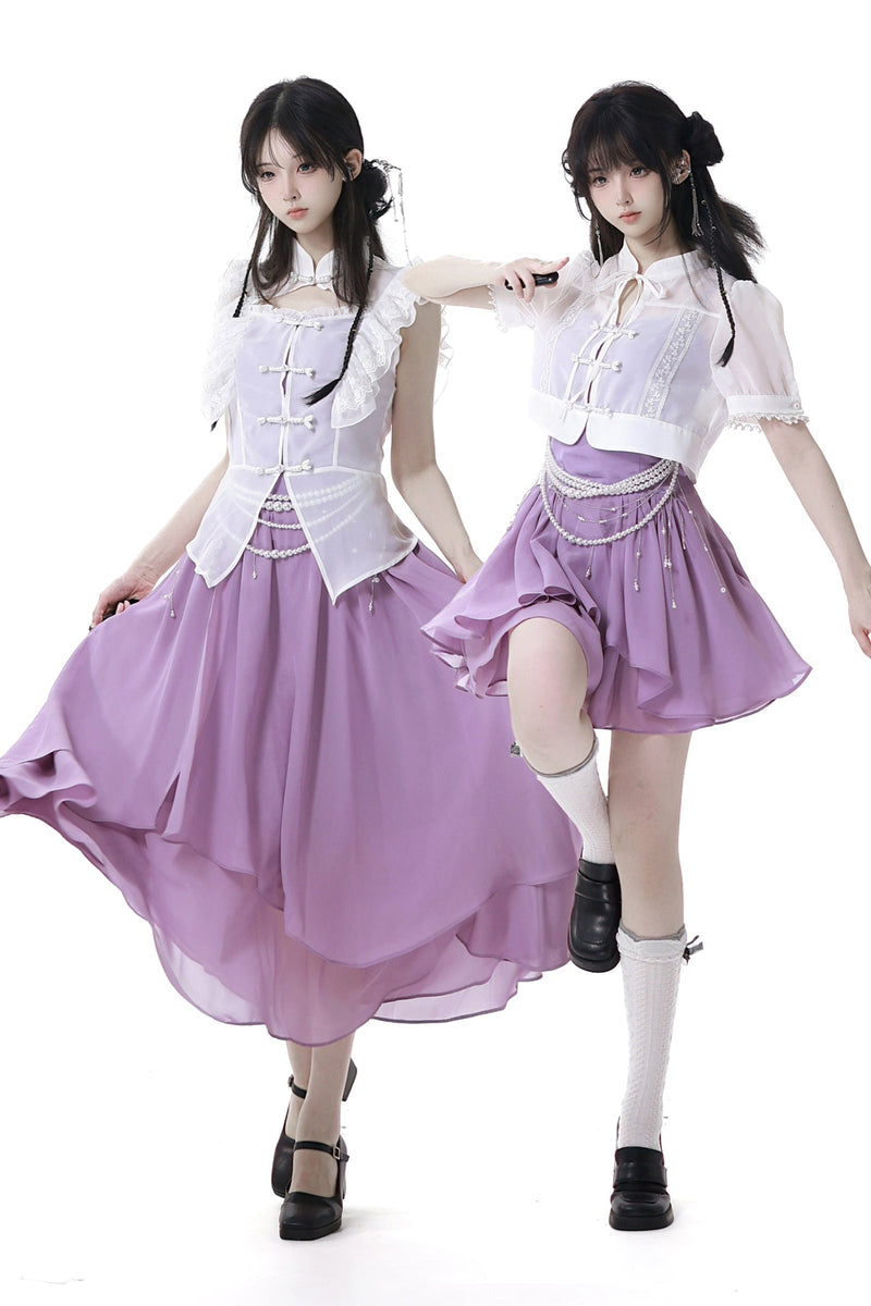 Light Smock Suspender Dress + Short Dress + China Design Sleeveless Top + Short Shirt + Pearl Accessories