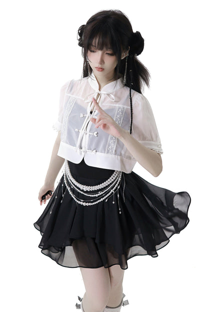 Light Smock Suspender Dress + Short Dress + China Design Sleeveless Top + Short Shirt + Pearl Accessories