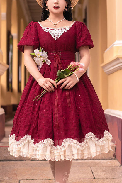 Wine Square Collar Short Sleeves Multi-layer Ruffled Classic Lolita Op Dress