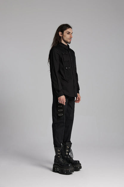 Black Lapel Collar Long Sleeves Zip Mesh Pocket Punk Blouse