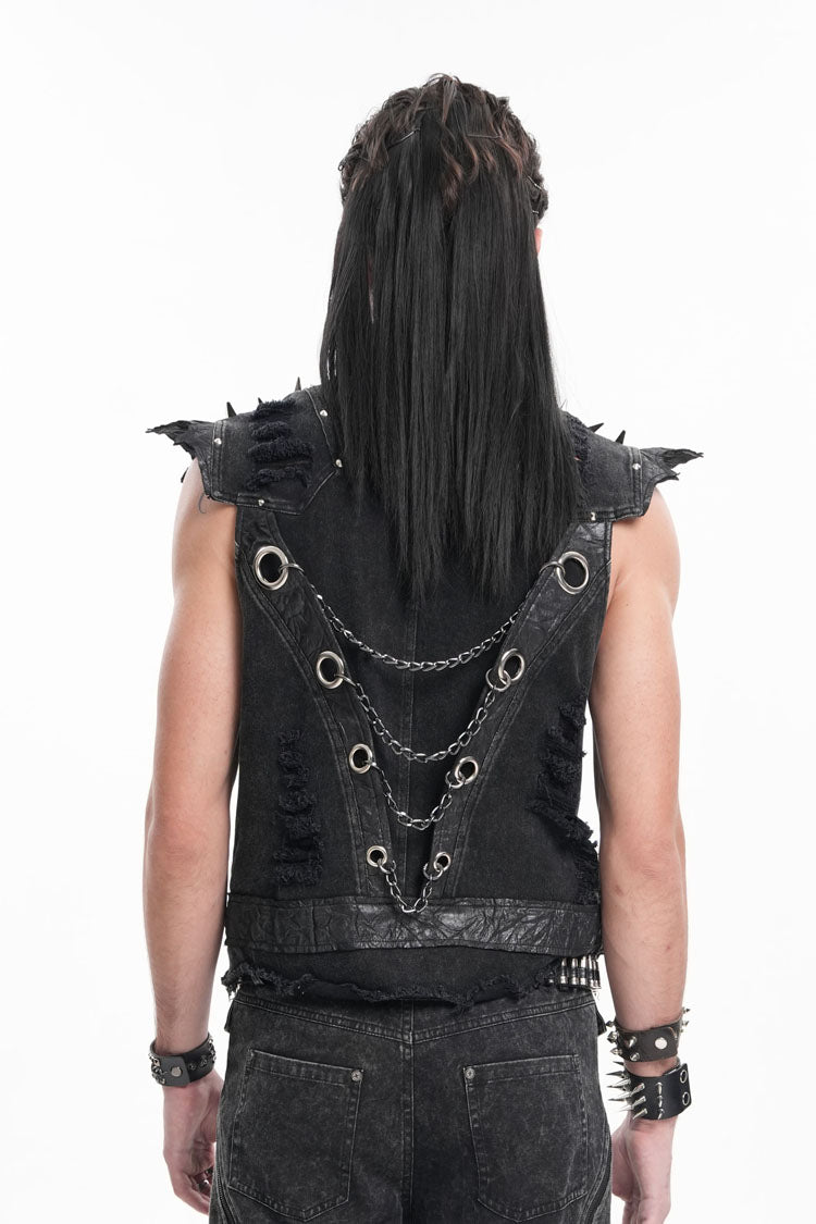 Black Stand Collar Sleeveless Rivets Chain Rings Gothic Vest