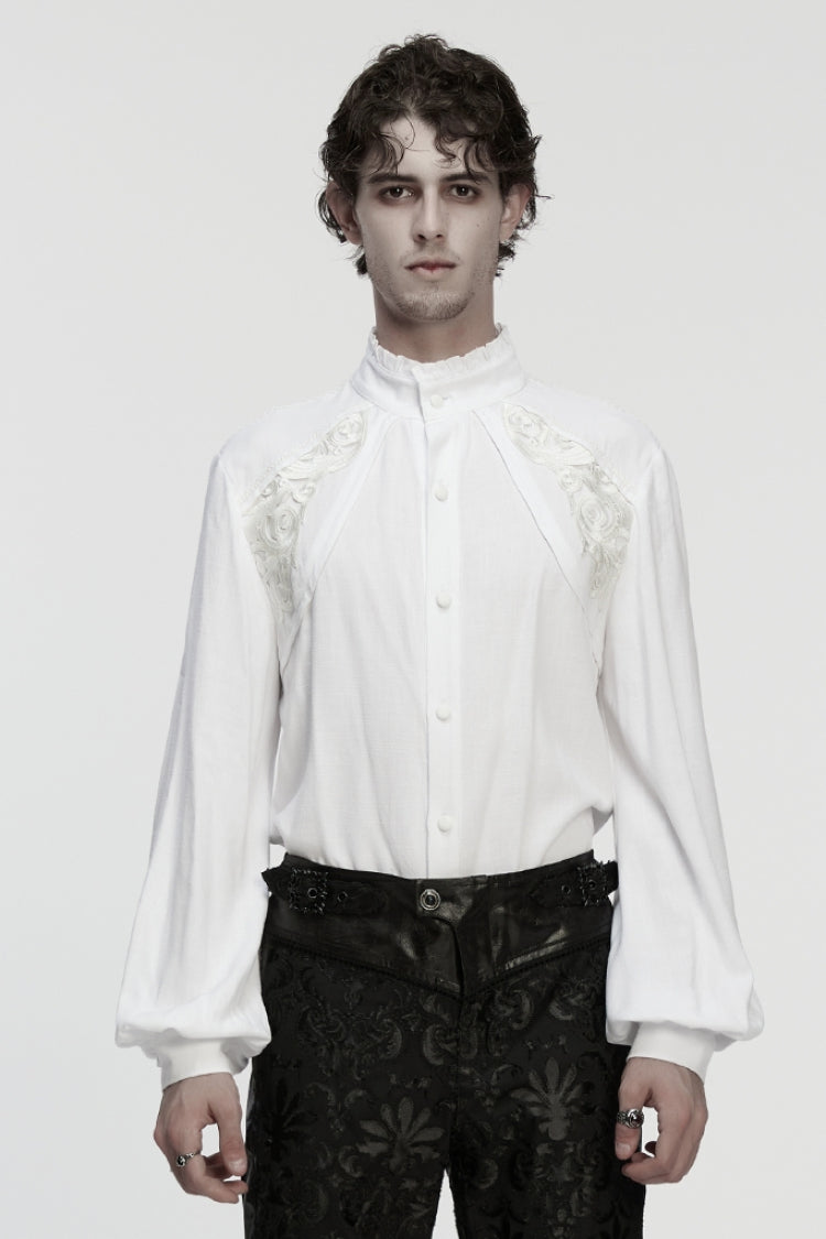 White Stand Collar Long Lantern Sleeves Jacquard Gothic Blouse