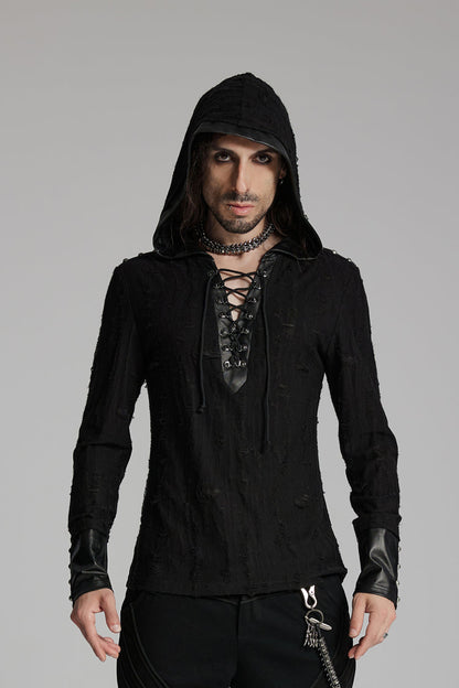 Black Long Sleeves Lace-up Hooded Studs Eyelets Punk T-shirt