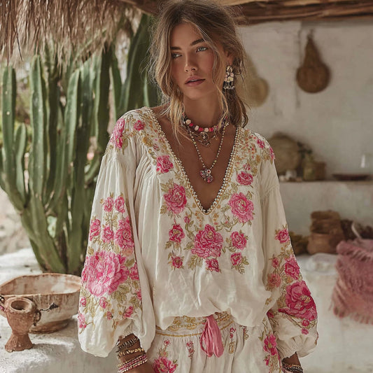 Vintage Floral Art Embroidery Linen V-neck Long Sleeves T-shirt elevenforest