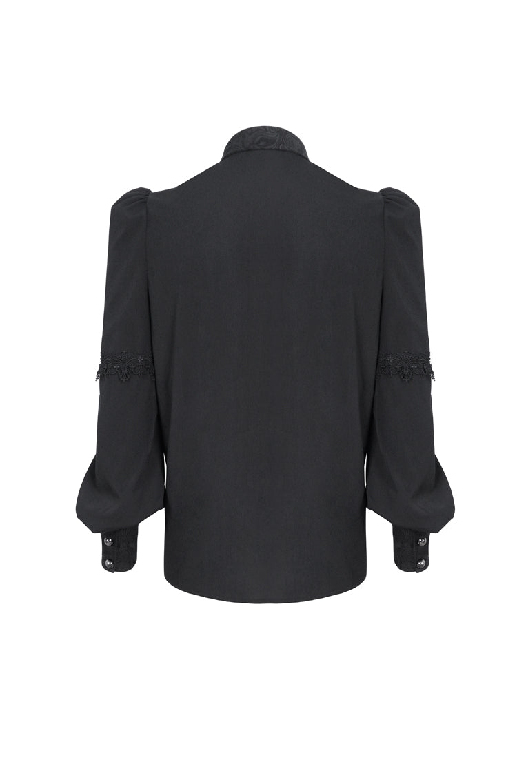 Black Lapel Collar Lantern Sleeves Jacquard Embroidery Gothic Blouse