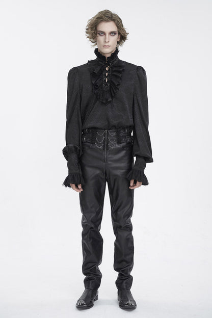 Black Stand Collar Long Sleeves Jacquard Ruffle Gothic Blouse