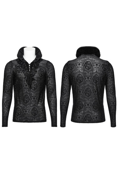 Black Stand Collar Long Sleeves Print Ruffle Gothic Blouse