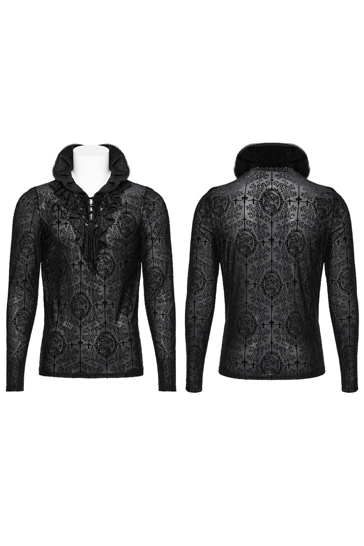 Black Stand Collar Long Sleeves Print Ruffle Gothic Blouse