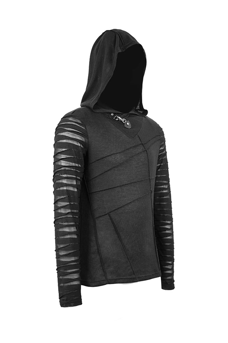 Black Collar Metal Button Irregular Striped Patchwork Bandage Hooded Punk T-shirt