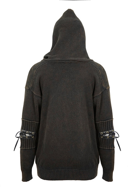 Brown Worn-out Long Sleeve Elbow Leather Strip Lace-up Hooded Coarse Knit Punk Sweater