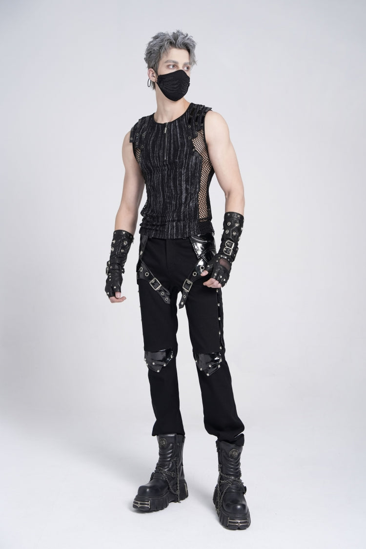 Black Sleeveless Ribbed Print Stitching Mesh Zipper Gothic Vest