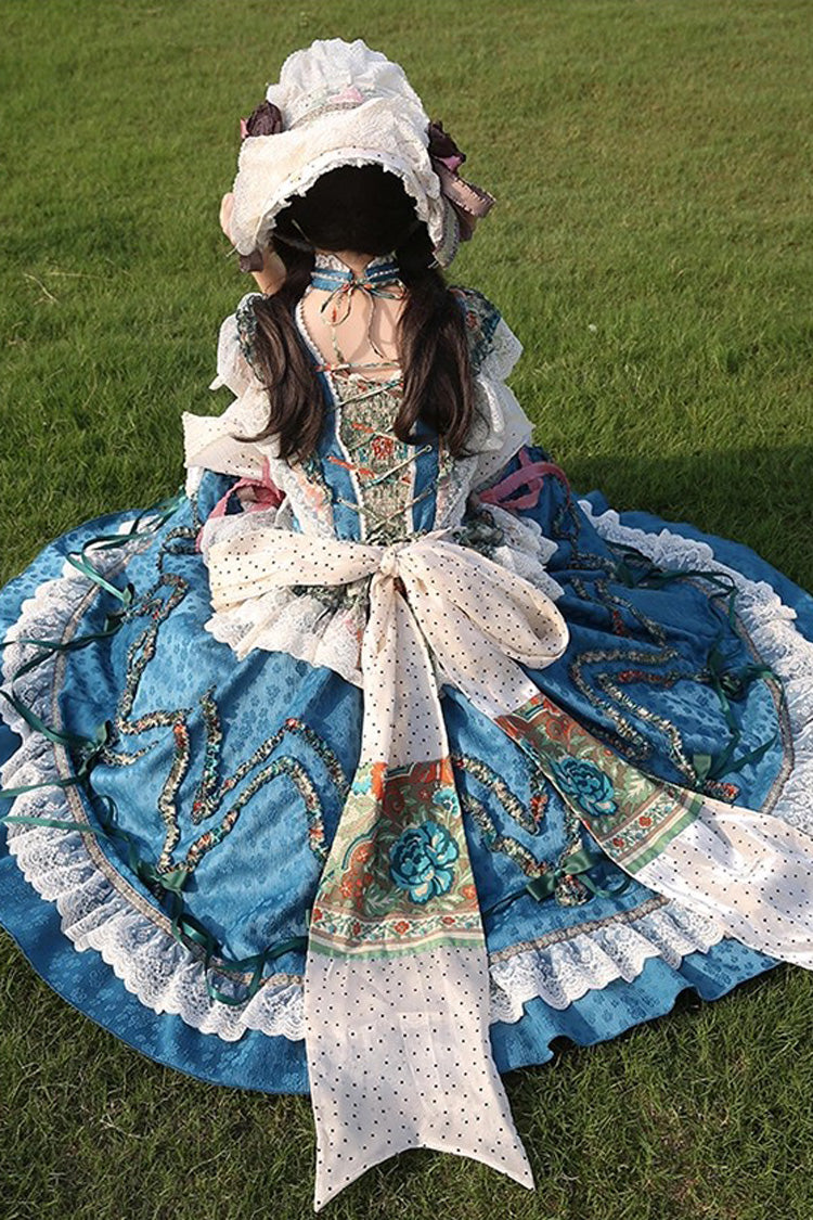 Blue [lake Monet] Sleeveless High Waisted Print Ruffle Cardigan Bowknot Lace-up Classic Princess Lolita Jsk Dress