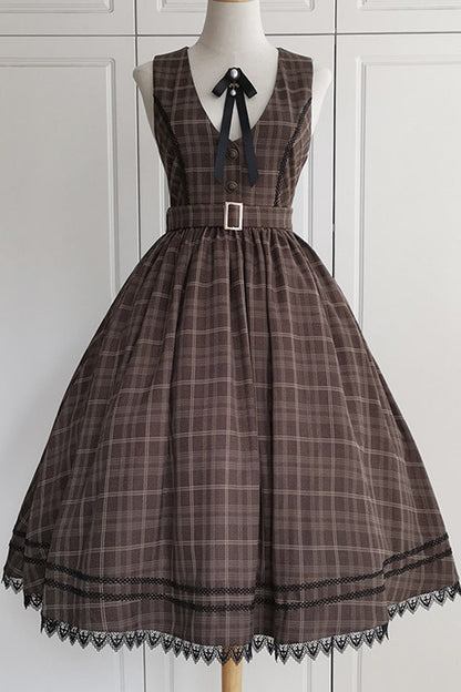 Brown [poem of Greina] V Collar Sleeveless High Waisted Printed Classic Lolita Jsk Dress