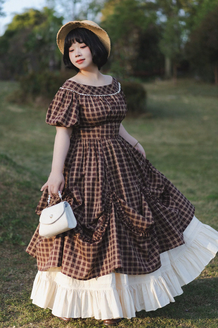 Dark Red [forest Picnic] Boat Neck Short Sleeves Printed Lift-hem Ruffled Classic Lolita Dress