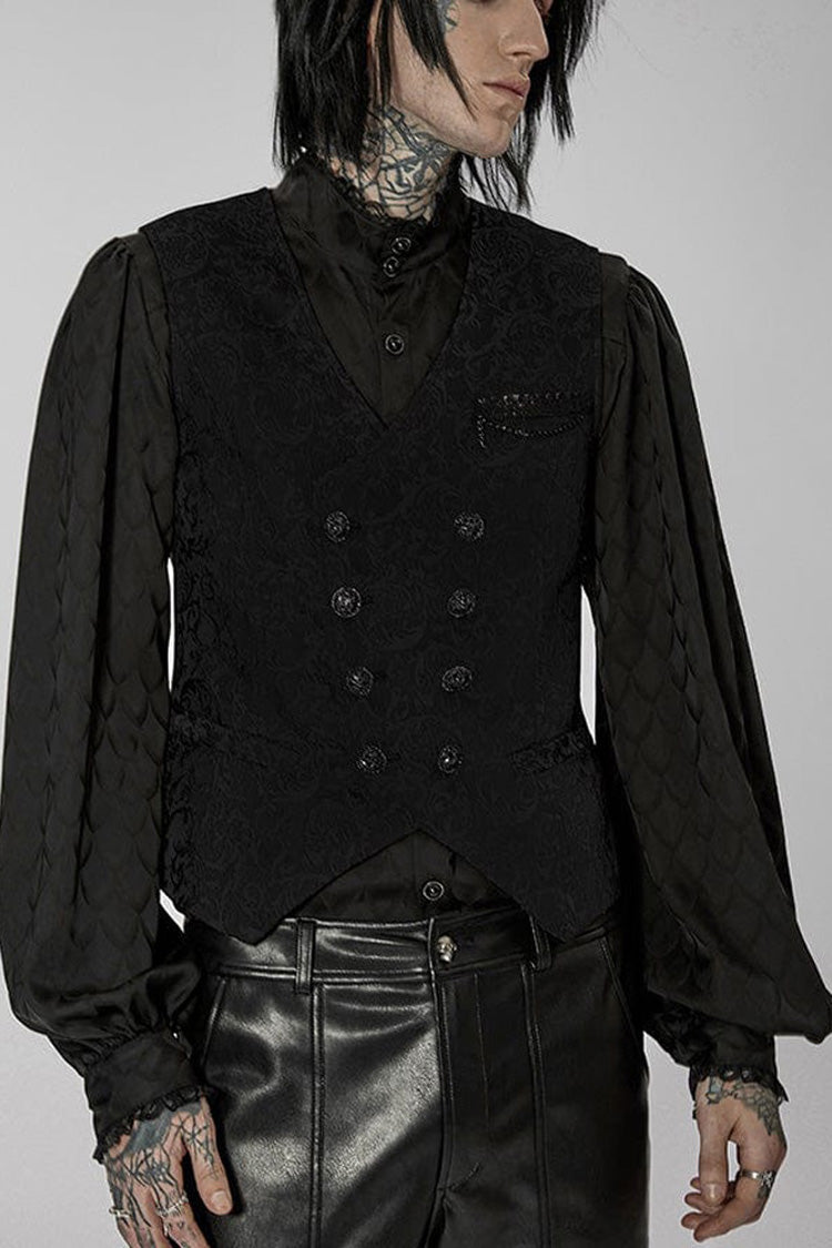 Black Punk V Neck Asymmetrical Relief Sculpture Jacquard Double Row Hand Seam Button Vest