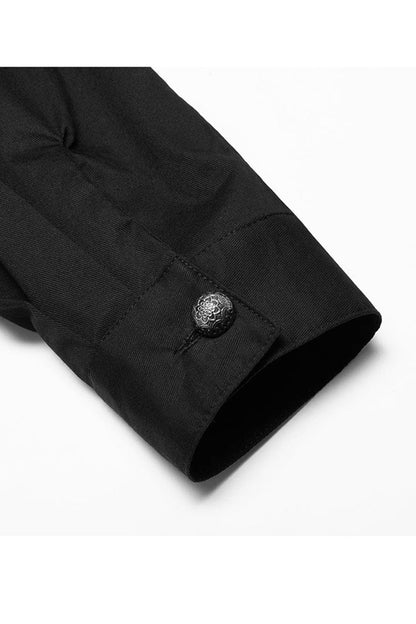Black Gothic Delicate Decals Placket Pleated Ruffle Long Sleeve Shirt