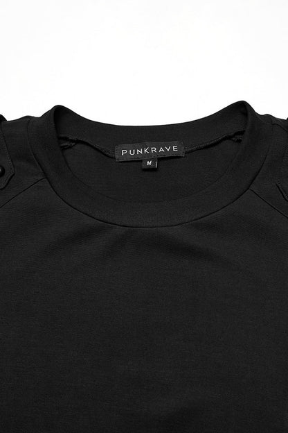 Black Round Collar Long Sleeves Cut-out Spliced Mesh Punk T-shirt