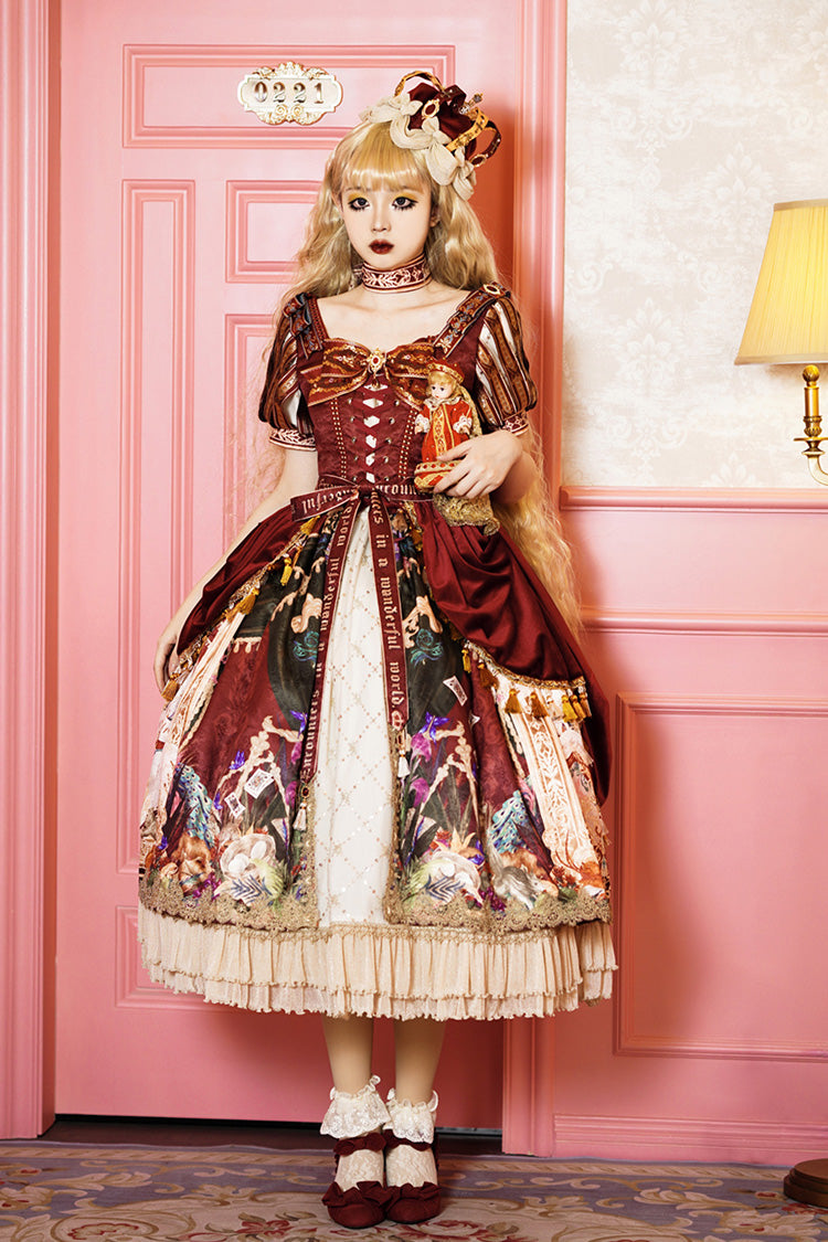 Red [kaleidoscope of Dreams] Double-layered Print Embroidery Bowknot Lace-up Classic Lolita Dress