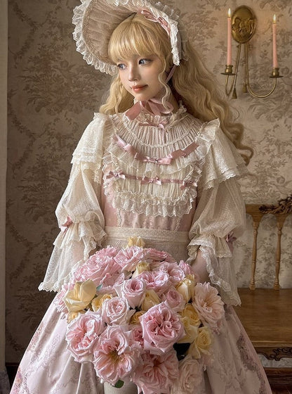[pre-order Deadline: April 26] Rococo Lace Pink Classic Lolita Dress + Apron + Bonnet