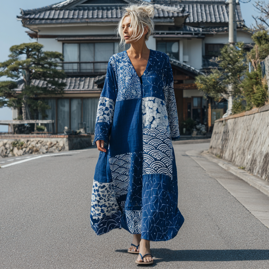 Japanese Style Floral Patchwork Retro Tie-dyed Round Neck Dress elevenforest