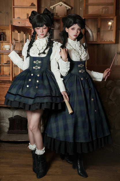 Blue/green [berlin's Letter] Double-layered Plaid Print Ruffle Bowknot Classic College Style Lolita Strap Dress Set 2 Versions