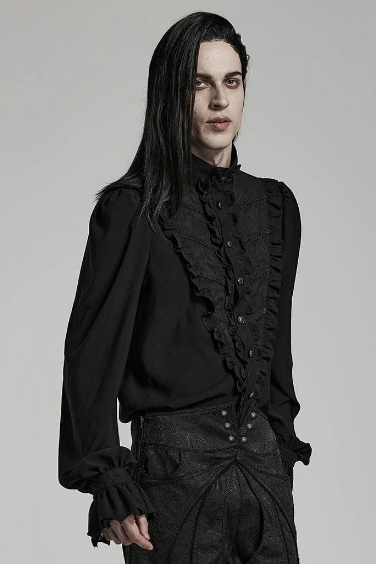 Black Stand Collar Ruffle Webbing Embellishment Gothic Blouse