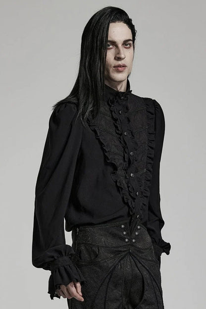 Black Stand Collar Ruffle Webbing Embellishment Gothic Blouse