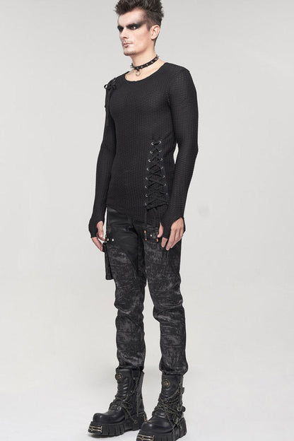 Black Gothic Asymmetry Drawstring Decoration Coarse Net Shirt