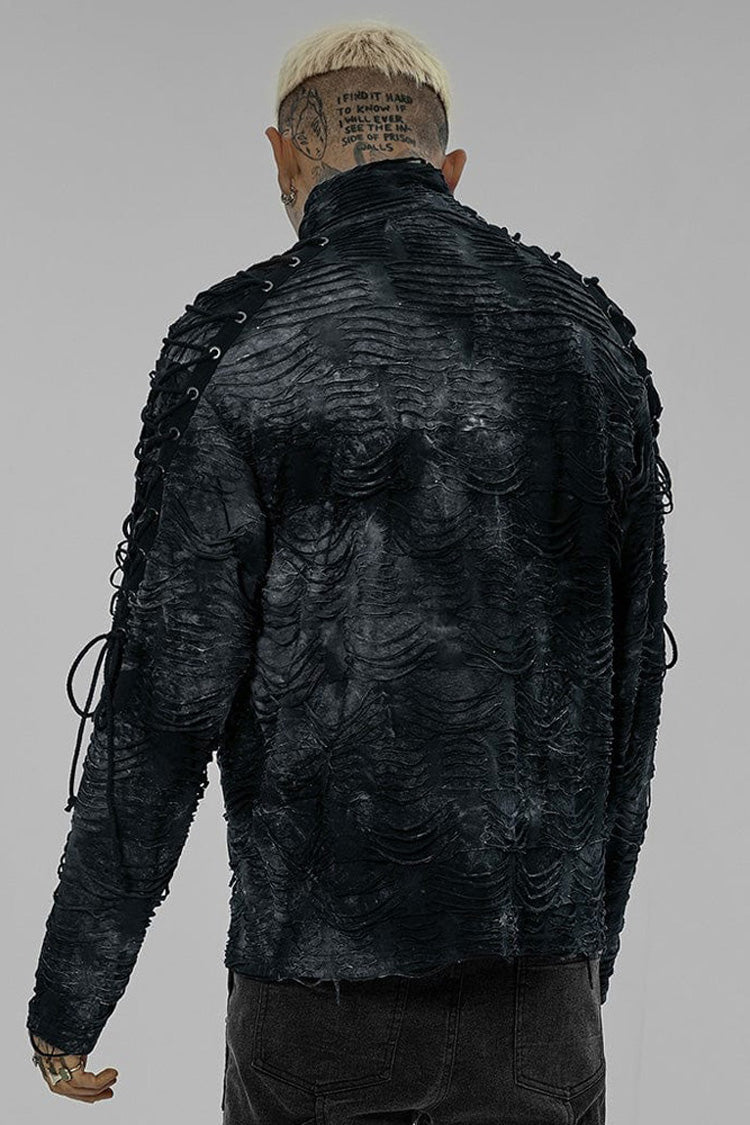 Black/blue Punk Post Apocalyptic Turtleneck Tattered Tie Dye Print Lace Up Long Sleeve T-shirt