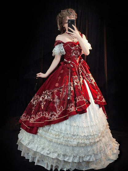 [pre-order Deadline: May 3] Red White Corset Lace Ribbon Lolita Jks Princess Dress + Complete Set