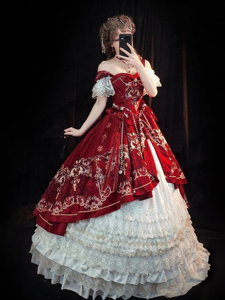 [pre-order Deadline: May 3] Red White Corset Lace Ribbon Lolita Jks Princess Dress + Complete Set