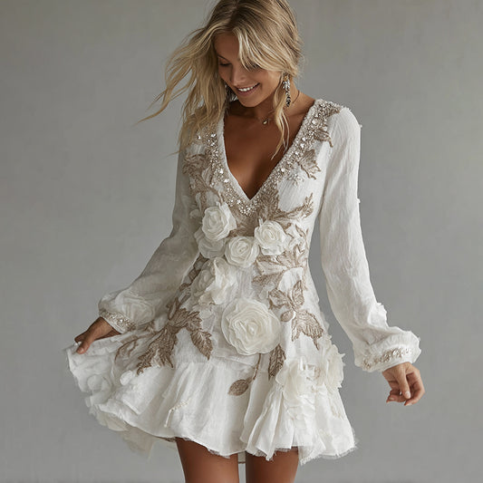 Women's Vintage Rose Embroidered Art V-neck Long Sleeve Mini Dress elevenforest